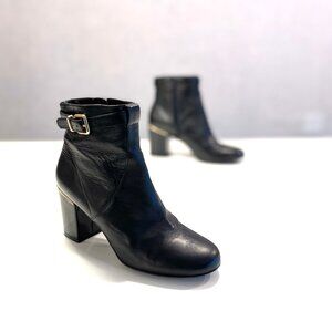 Robert Clergie Leather Ankle Boots, Shiny Patent Heels, Gold Trim, Size 7.5